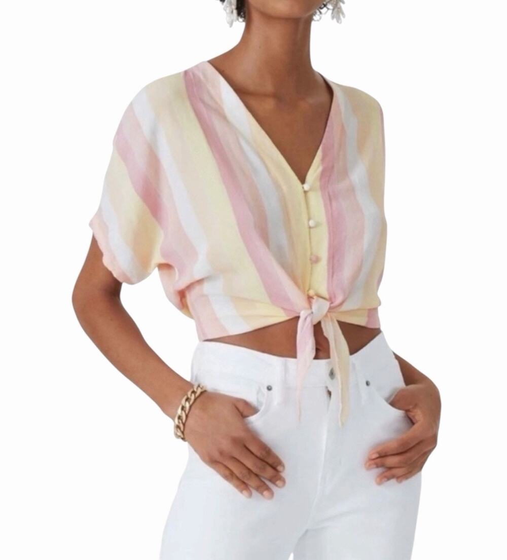 Rails Thea Pacific Stripe Tie Front Cropped Blouse Pastel XS NWT